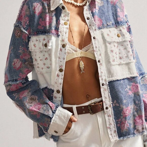 Multicolor Boho Women's Woven Patchwork Long Sleeve Loose Regular Jacket - Picture 3 of 7